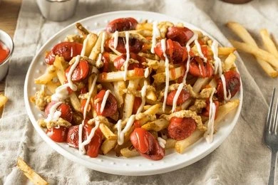 Salchipapas, Colombian street food with sausages and fries