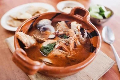 Cazuela de Mariscos, Colombian seafood stew with shrimp, fish, and coconut milk”